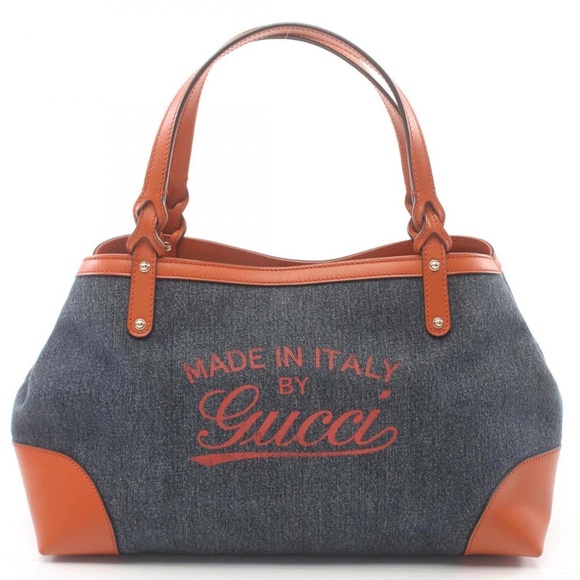 GUCCI (AUTHENTIC) Blue Denim Tote Bag w/ Brown Leather Trim  Handbag - Picture 1 of 16